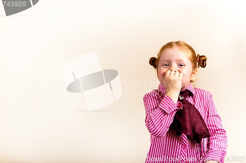 Image of Portrait of cute elegant redhead girl mouth covered with hand