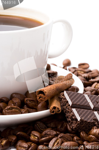Image of cup of coffee, beans, cinnamon
