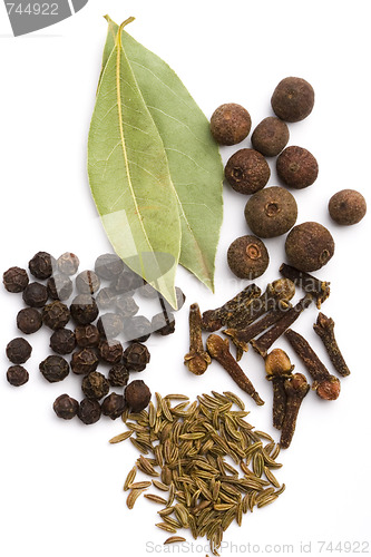 Image of bay leaves, cloves, caraway and black pepper