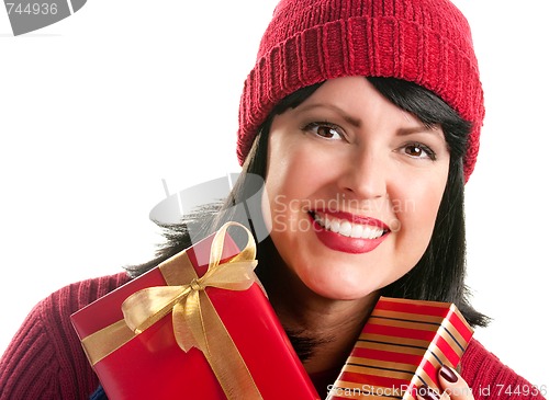 Image of Pretty Woman Holding Holiday Gifts