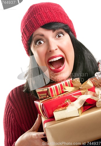 Image of Pretty Woman Holding Holiday Gifts