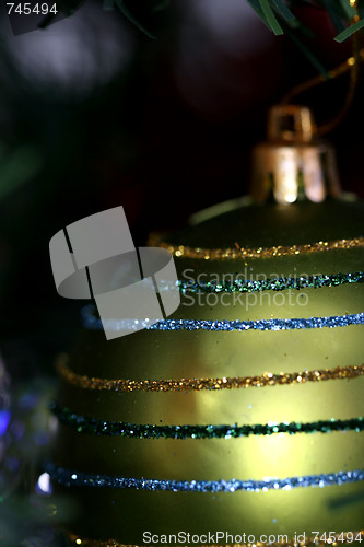 Image of Christmas ornaments on tree.