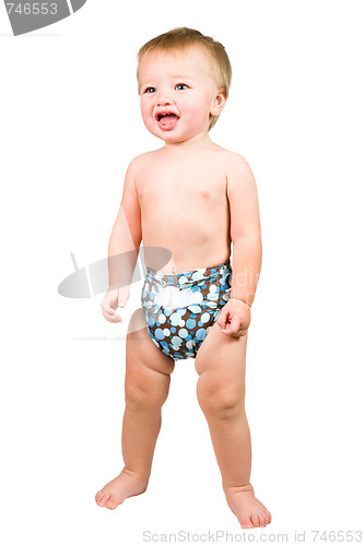 Image of Cute Baby Boy Isolated Wearing Cloth Diaper 