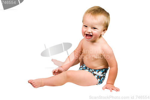 Image of Cute Baby Boy Isolated Wearing Cloth Diaper 