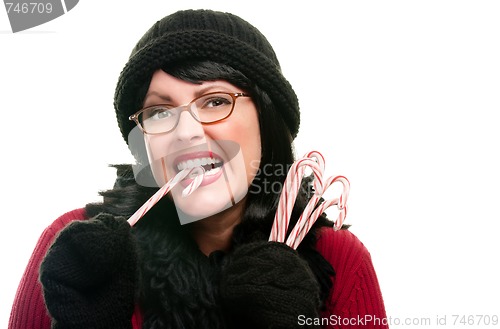 Image of Pretty Woman Holding Candy Canes