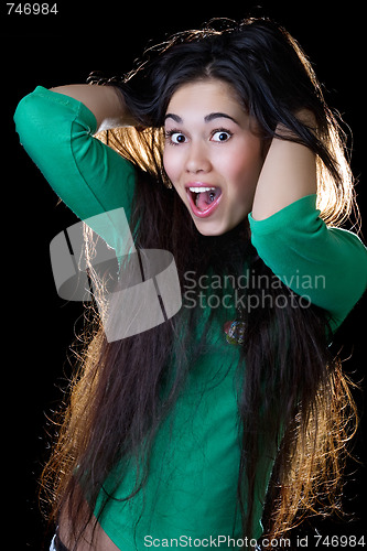 Image of Portrait of the surprised pretty girl. Isolated on black