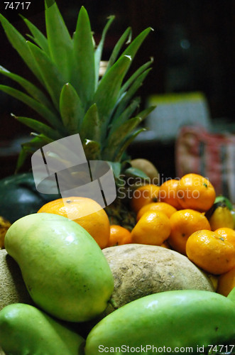 Image of mangoes, oranges, melons, and pineapple