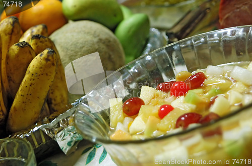 Image of fruit salad containing cherries, mangoes, apples, mangoes