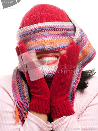 Image of Attractive Woman With Colorful Scarf Over Eyes