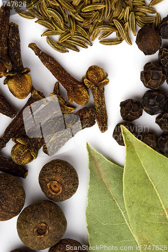 Image of bay leaves, cloves and black pepper