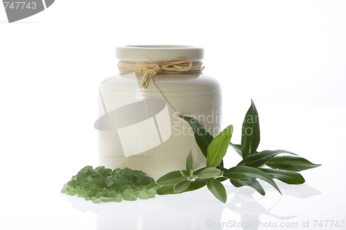 Image of fresh olive branch and bath salt. spa