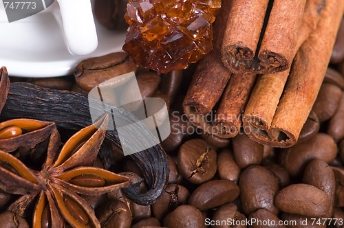 Image of aroma coffe. ingredients. coffe beens, anise, vanilla, cinnamon,