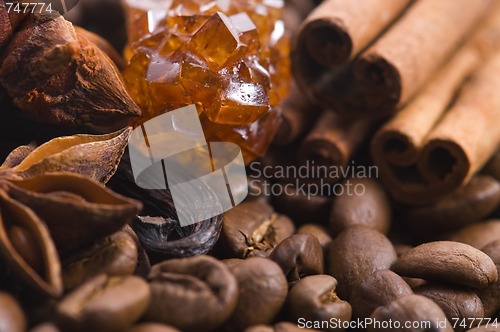 Image of aroma coffe. ingredients. coffe beens, anise, vanilla, cinnamon,