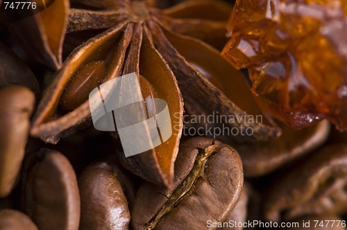 Image of aroma coffe. ingredients. coffe beens, anise, sugar