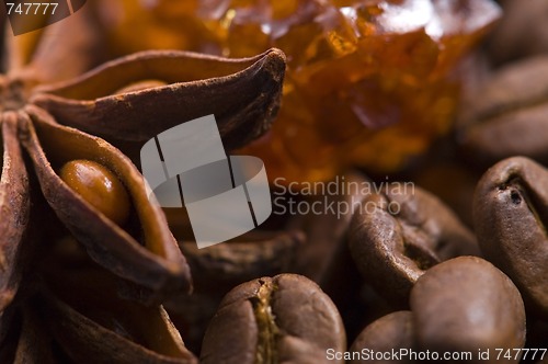 Image of aroma coffe. ingredients. coffe beens, anise, sugar