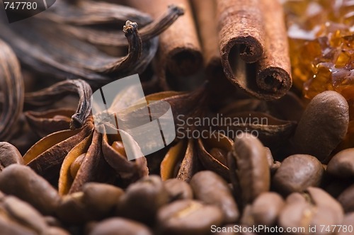 Image of aroma coffe. ingredients. coffe beens, anise, vanilla, cinnamon,