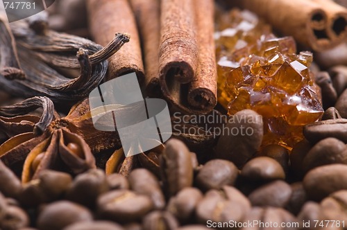 Image of aroma coffe. ingredients. coffe beens, anise, vanilla, cinnamon,