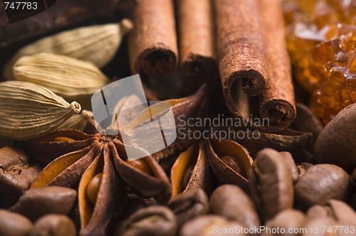 Image of aroma coffe. ingredients. coffe beens, anise, chocolate, cardamo