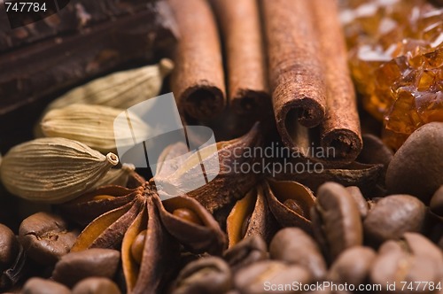 Image of aroma coffe. ingredients. coffe beens, anise, chocolate, cardamo