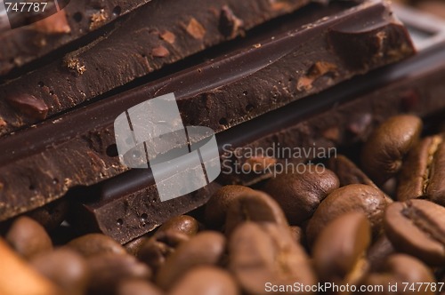 Image of aroma coffe. ingredients. coffe beens, chocolate