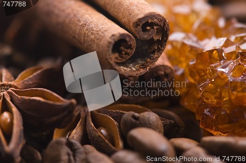 Image of aroma coffe. ingredients. coffe beens, anise, cinnamon, sugar