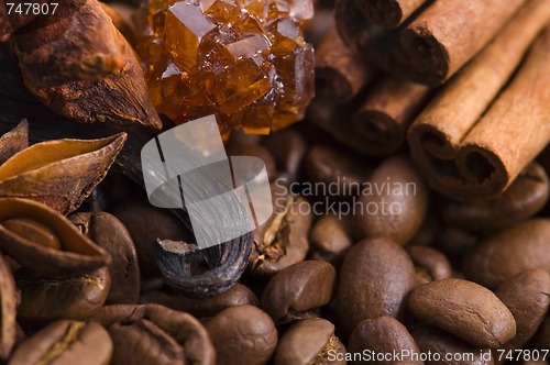 Image of aroma coffe. ingredients. coffe beens, anise, vanilla, cinnamon,
