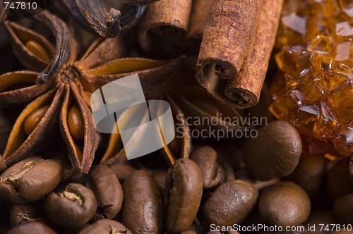 Image of aroma coffe. ingredients. coffe beens, anise, vanilla, cinnamon,