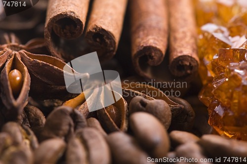 Image of aroma coffe. ingredients. coffe beens, anise, cinnamon, sugar