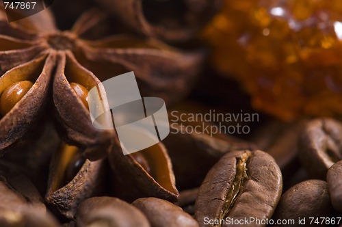 Image of aroma coffe. ingredients. coffe beens, anise, sugar