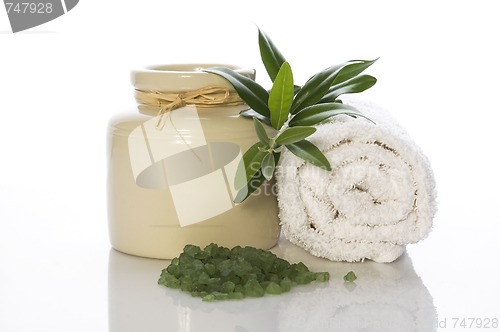 Image of fresh olive branch and bath salt. spa