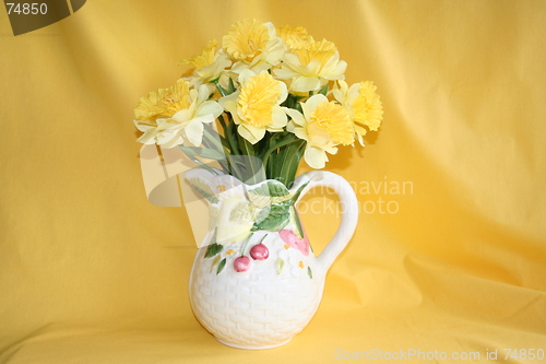 Image of Daffodils in  pot with  cherry and flowers