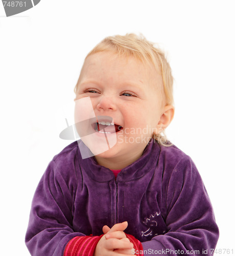 Image of Cute baby girl smiling on white background
