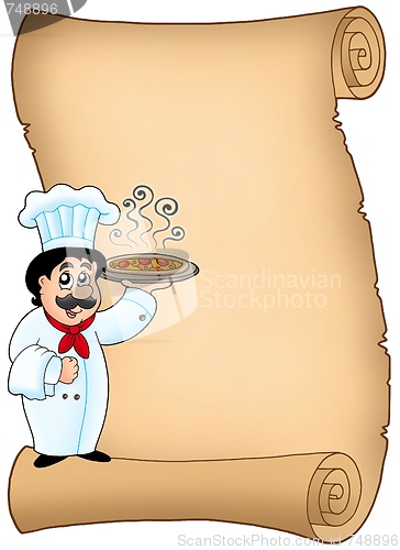 Image of Scroll with chef holding pizza