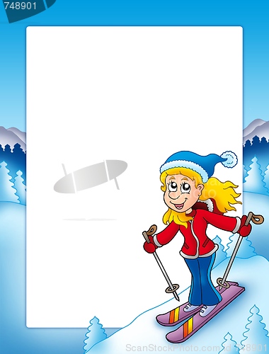 Image of Frame with cartoon skiing woman