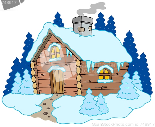 Image of Wooden cottage in winter landscape