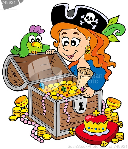 Image of Pirate woman opening treasure chest