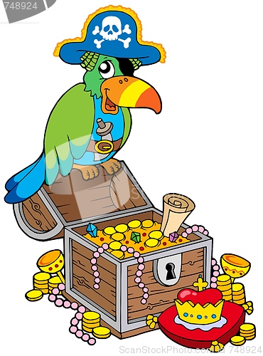 Image of Big treasure chest with pirate parrot