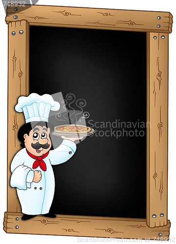 Image of Blackboard with chef holding pizza