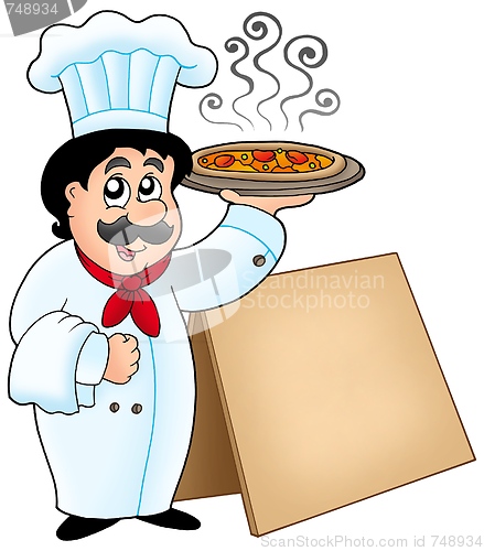 Image of Chef holding pizza with table