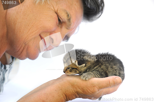 Image of Senior woman holding kitten