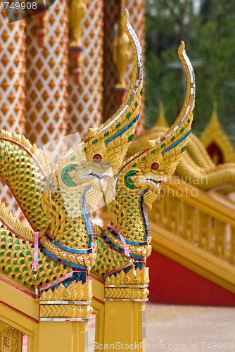 Image of Naga heads at Buddhist temple in Thailand