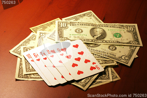 Image of playing combination in poker and money for rate on table