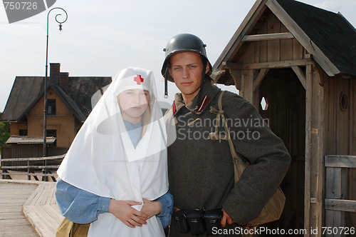 Image of Retro styled picture with nurse and soldier