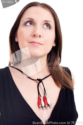 Image of Woman with necklace made of audio plugs