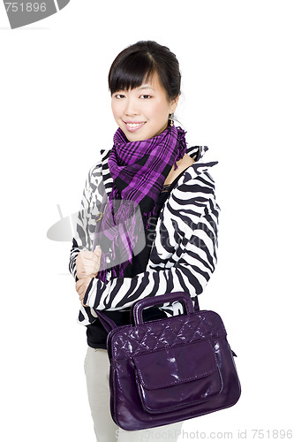 Image of Stylish asian girl with purple bag and scarf