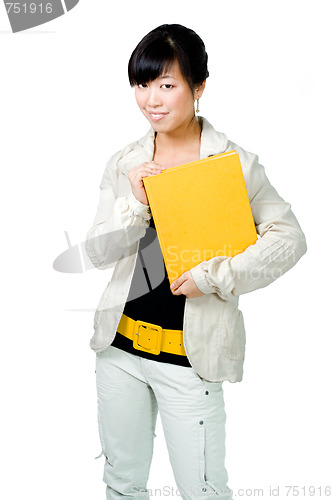 Image of Asian woman with yellow book and belt
