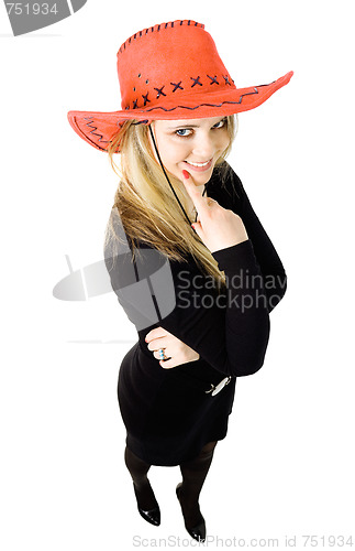 Image of Blond woman making decision in red cowboy hat on white backgroun