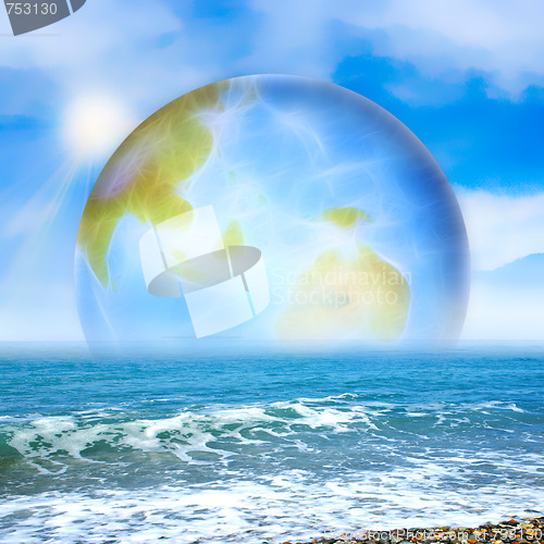Image of abstract scene with planet and sea beach