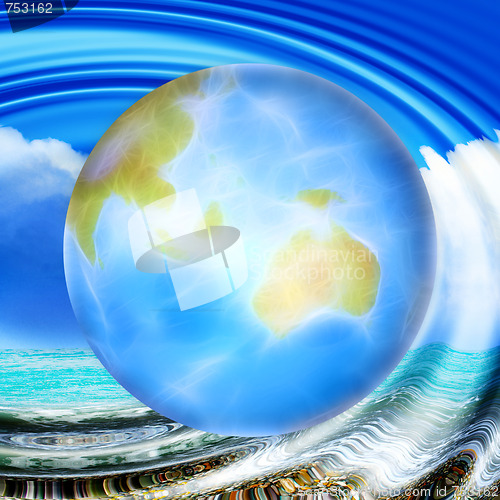 Image of abstract scene with planet and sea beach