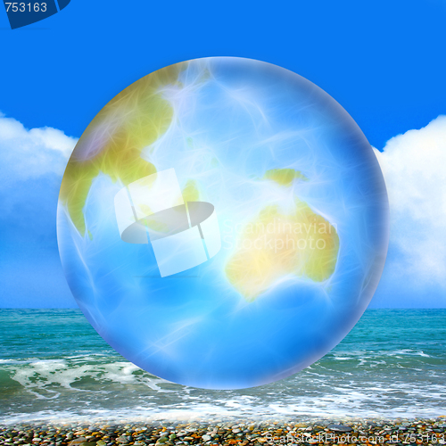 Image of abstract scene with planet and sea beach